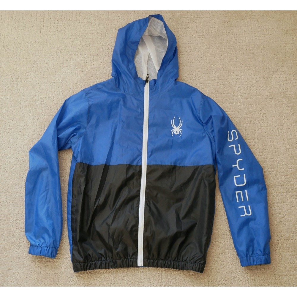 Spyder Mens Blue Black Colorblock Full Zip Hooded Windbreaker Jacket Size Medium